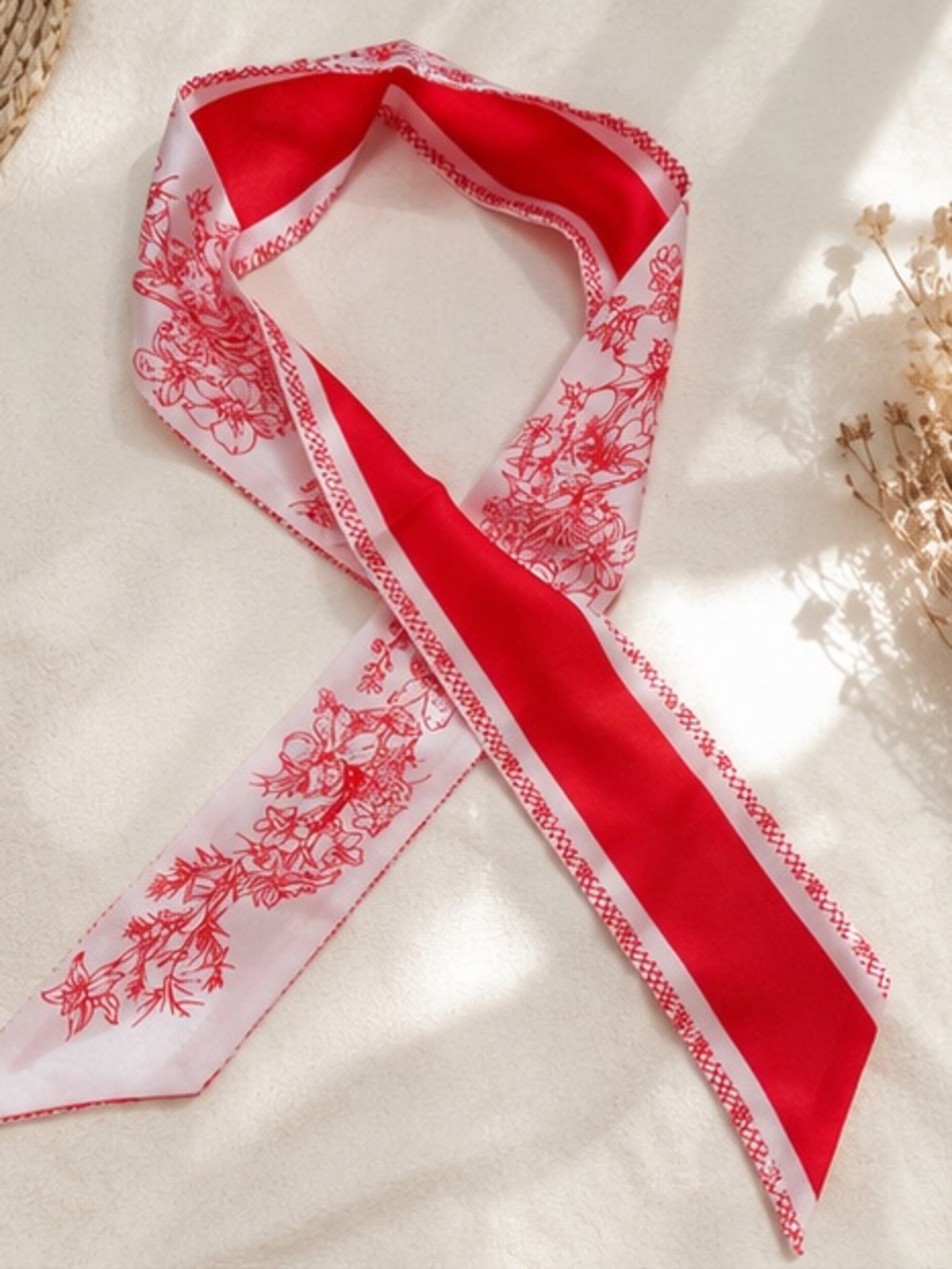 Red Toile Skinny Twilly Scarf Hair Neck Bag Accessory Designer Inspired